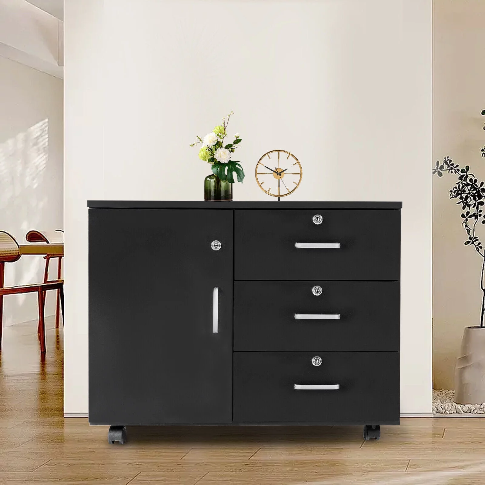 3-Drawer MDF Dresser Chest with Door Mobile File Storage Cabinet Printer Stand