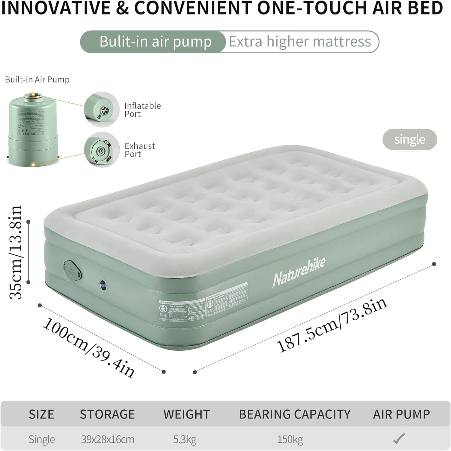 YGDU Raised Twin Size Air Mattress, Camping Inflatable Bed with Built-in Electric Pump for Home, Camping & Guests, Single & Double - Mint Green