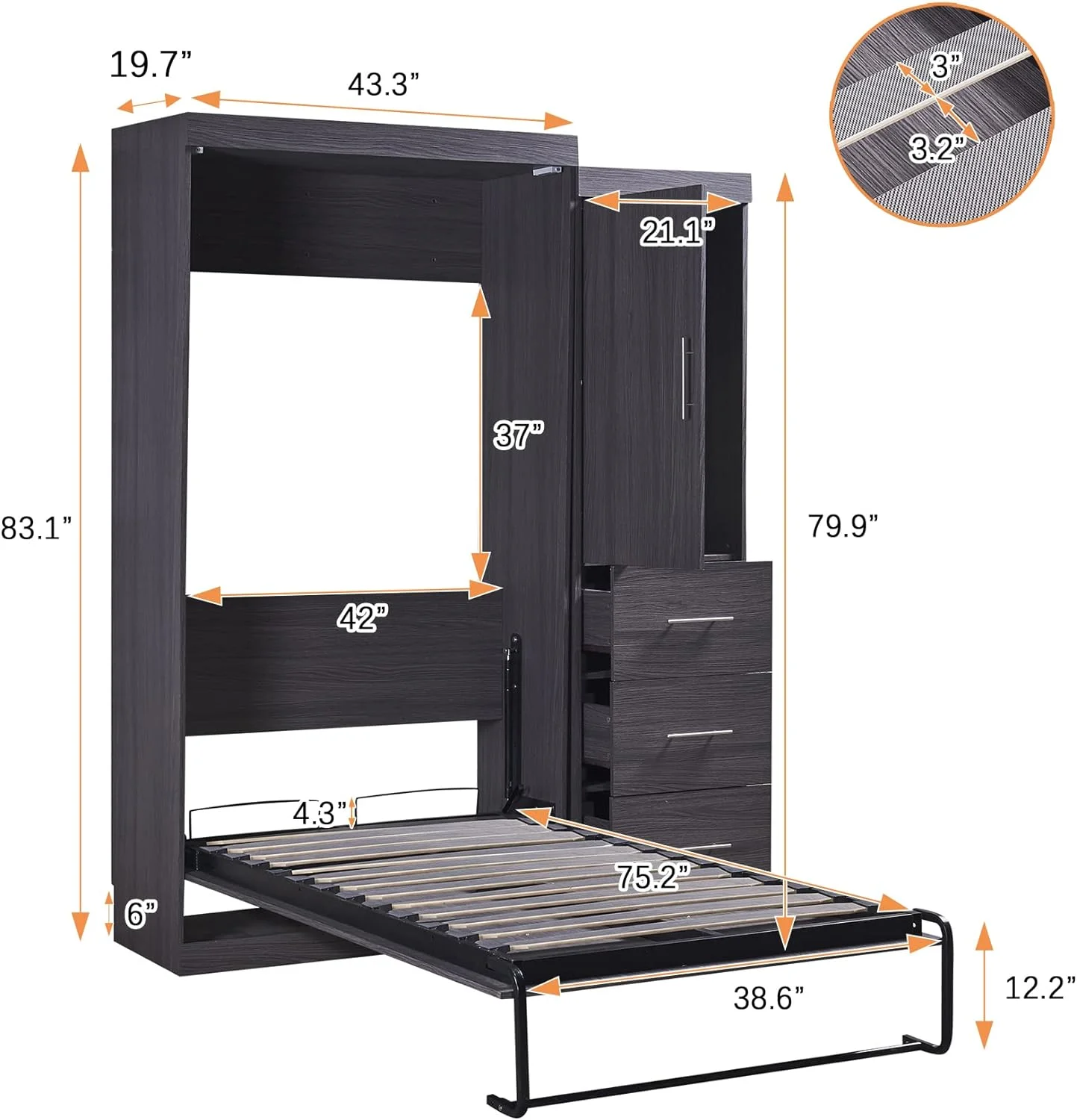 Size rphy Bed Wih Wardrobe Ad Drawers, Size Sorage Bed, Ca Be Folded Io A Cabie, Plaform Bed, Gray