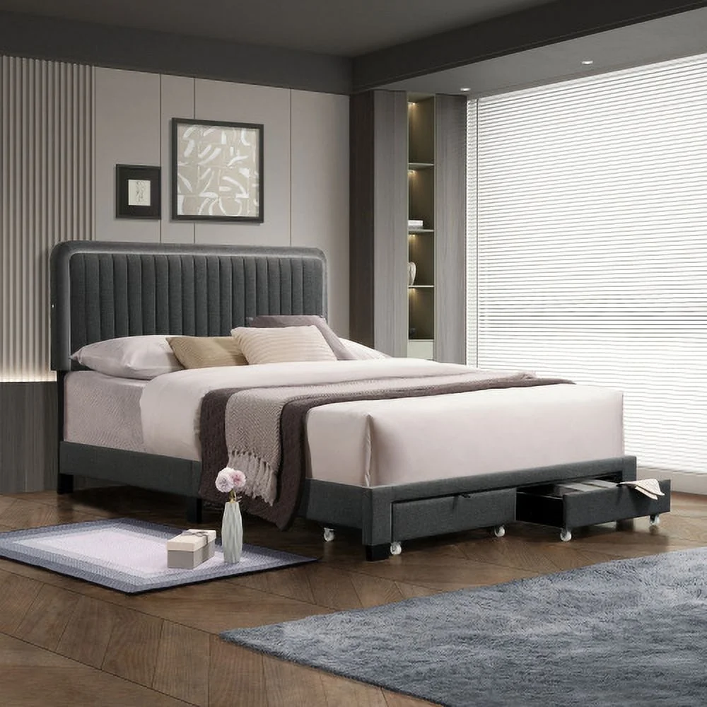 Queen Size Upholstered Bed With Adjustable Height / Mattress 10 To 14 Inches / Led Design With Footboard Drawers Storage / No Box Spring Required Dark Gray