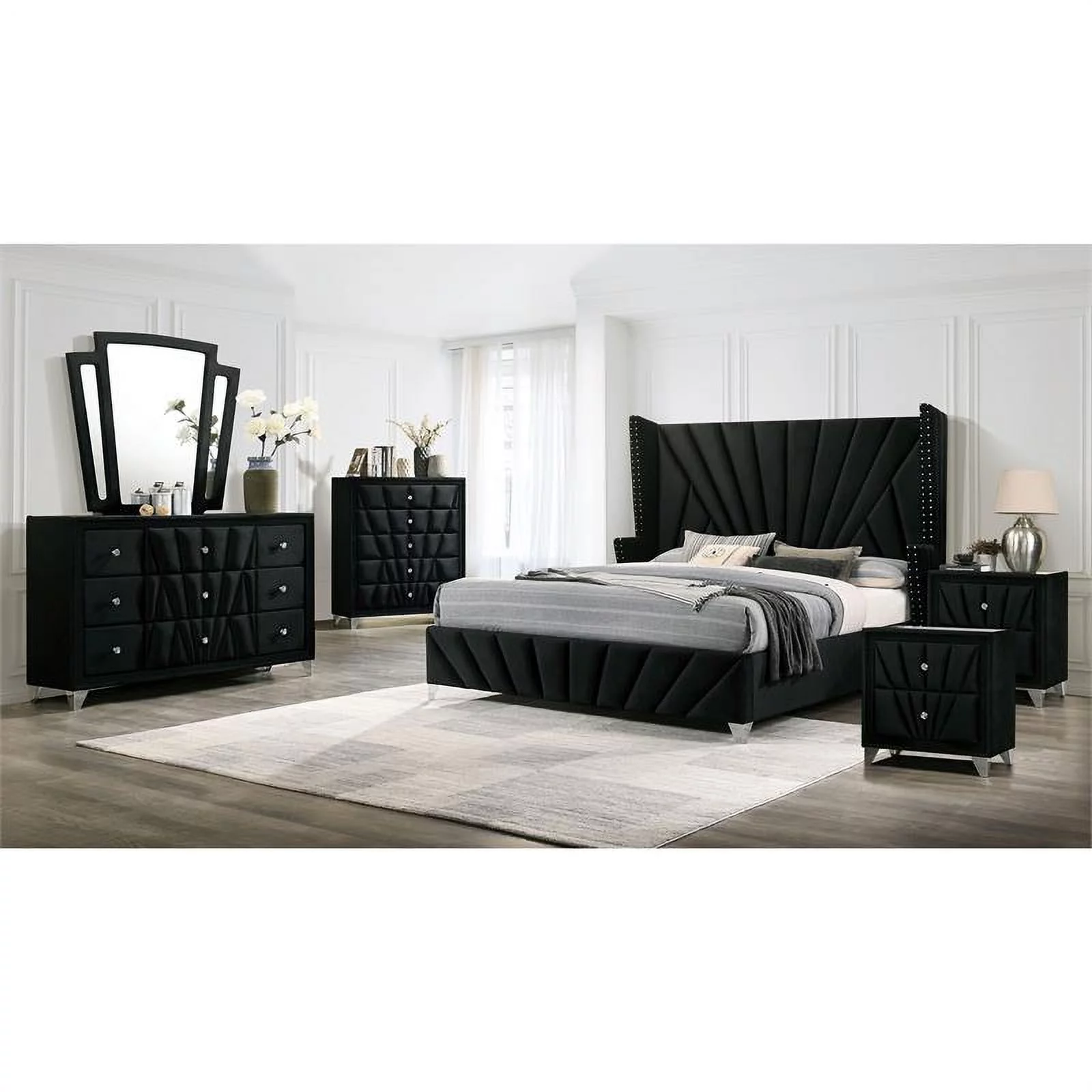 FOA Sakan 6pc Black Fabric Bed Set-Queen+2 Nightstands+Chest+Dresser+Mirror