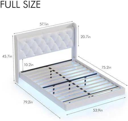 RUNFAYBIU Full Size Floating Bed Frame with LED Lights  Upholstered PU Leather Platform Bed with Charging Station & Button Tufted Headboard   No Box Spring Needed  Black