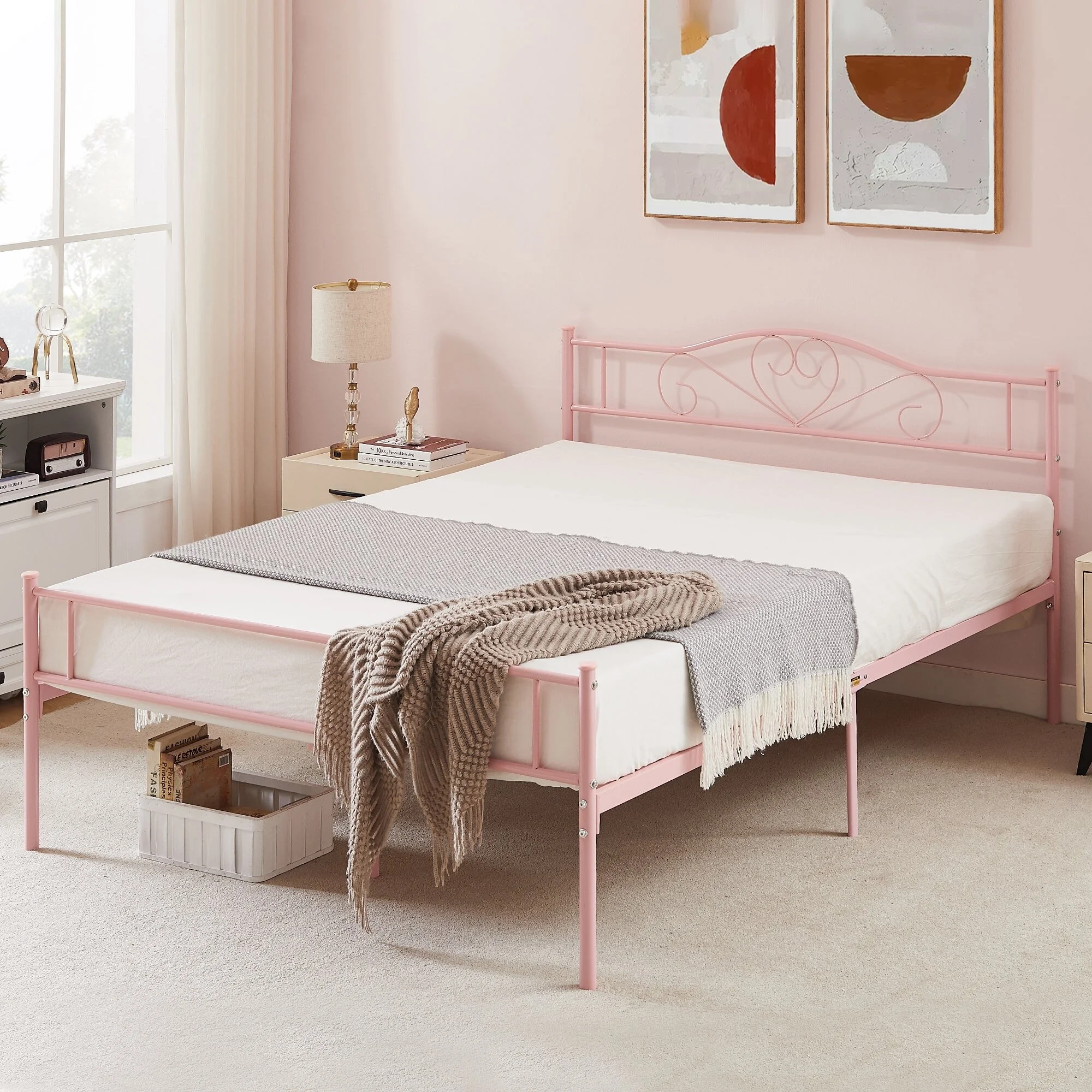 KHD Javlergo Metal Platform Bed Frame with Modern Headboard, No Box Spring Needed Pink Queen