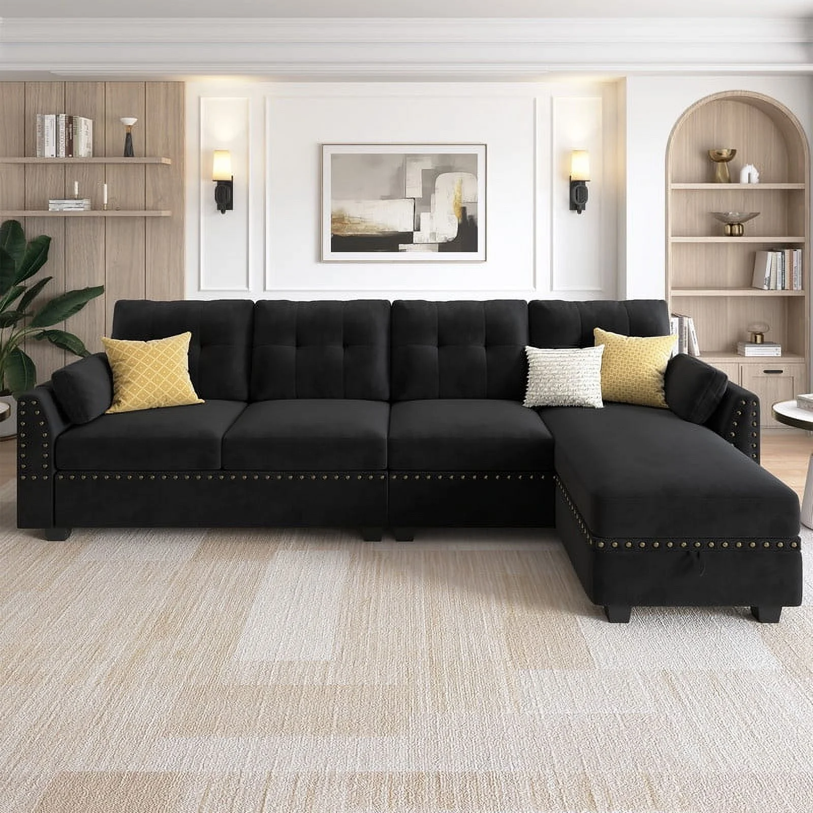 HONBAY Modern Velvet L Shaped Sectional Couch with Reversible Chaises and Storage Ottoman for Small Space and Living Room, Black