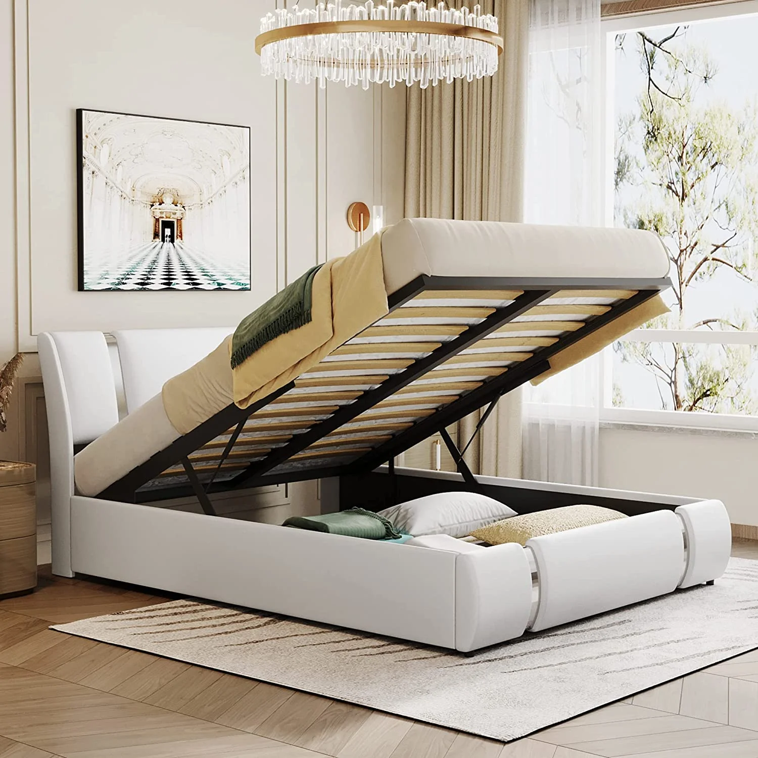 Quee Size Lift Up Storage Bed,Faux Leather Upholstered Platform Bed With Hydraulic Storage System Ad Headboard For Tees Adults, o Box Sprig eeded(White)