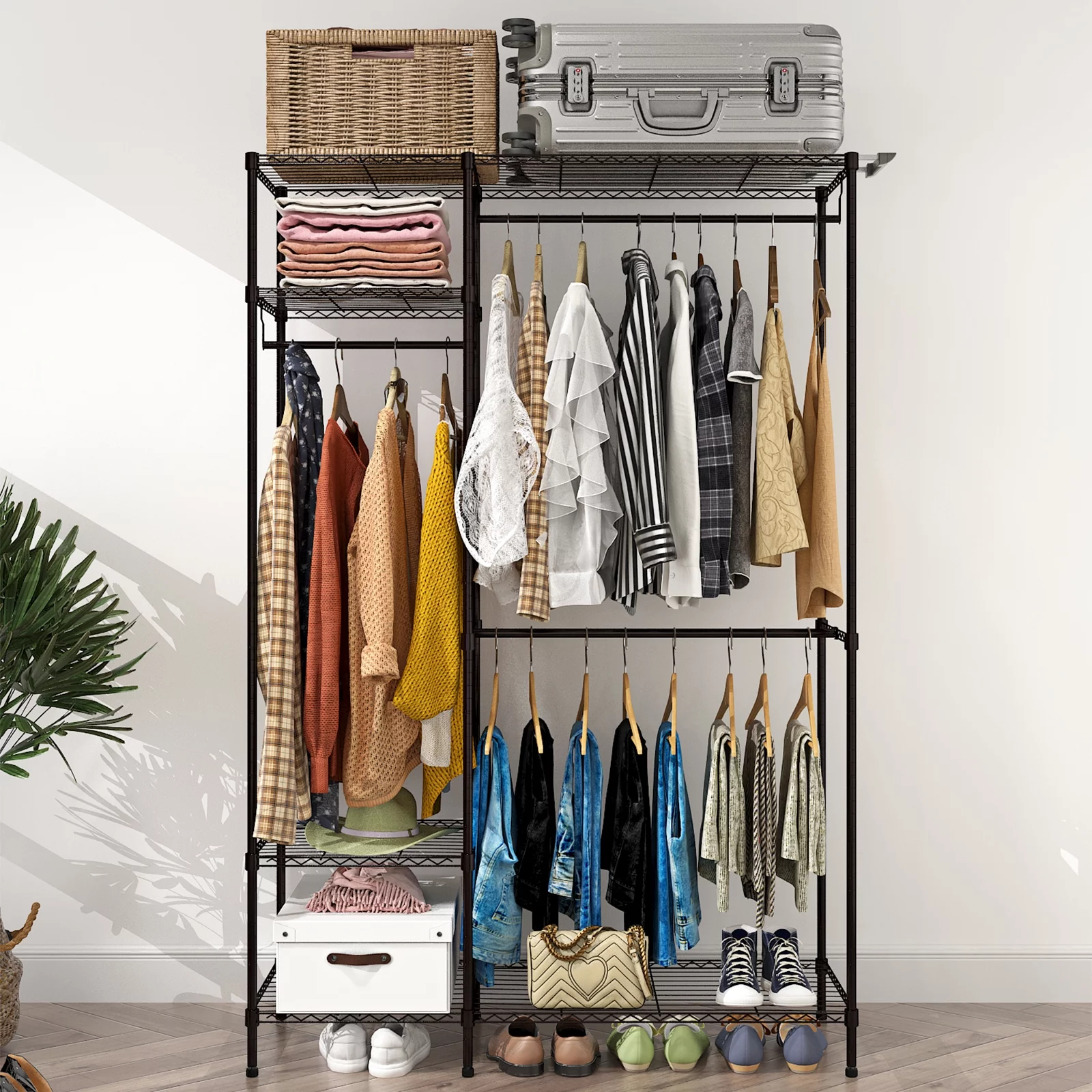 Ktaxon Portable Clothes Rack Heavy Duty Closet Garment Rack Freestanding Wardrobe Clothing Storage Rack Closet Organizer with 4 Shelves & 3 Hanging Rails Black