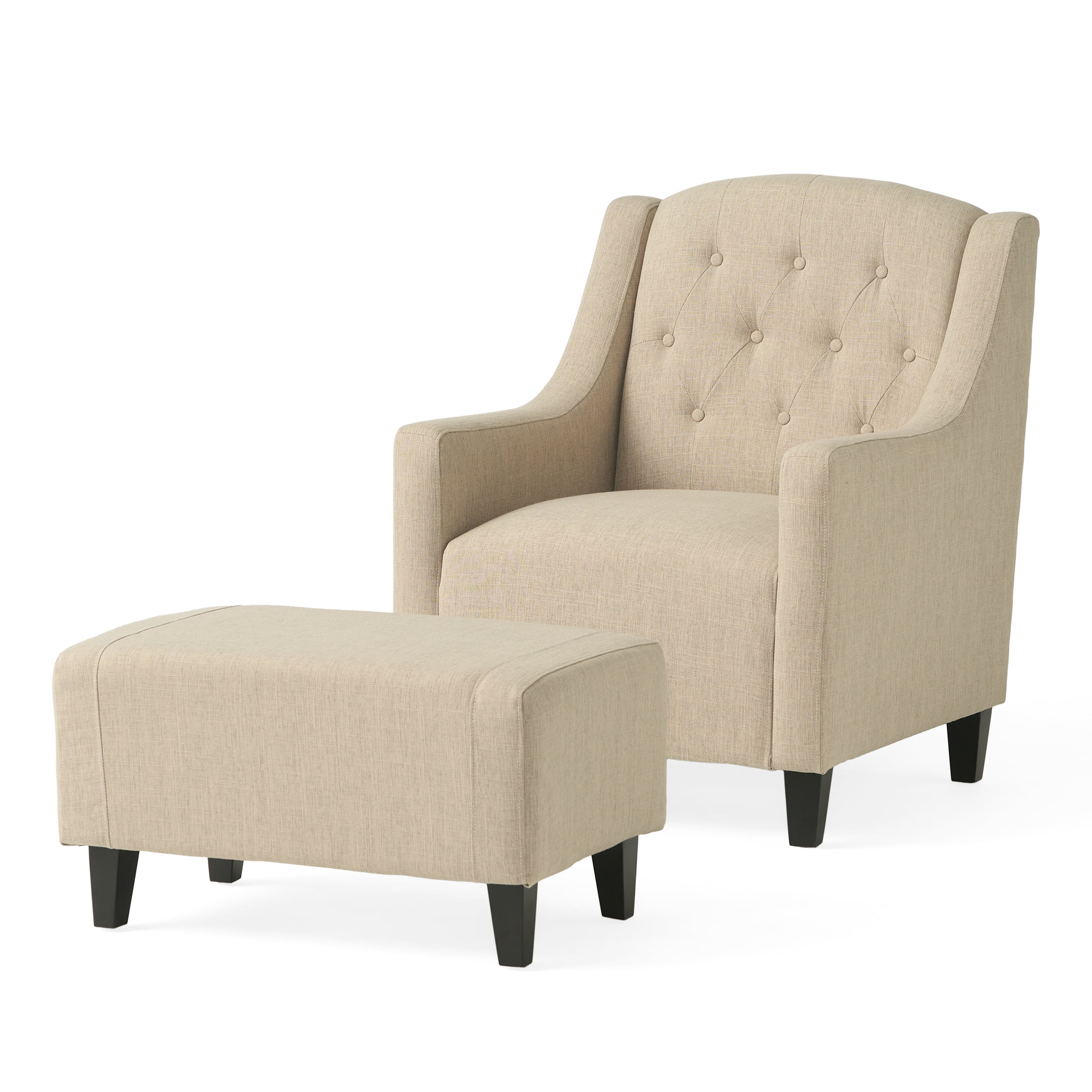 Noble House Sofia Tufted Fabric Chair and Ottoman Sets, Light Beige