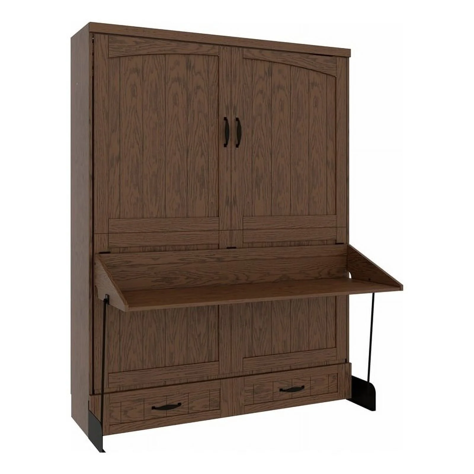 Pemberly Row Cape Cod Solid Wood Queen Size Murphy Desk Bed in Brown