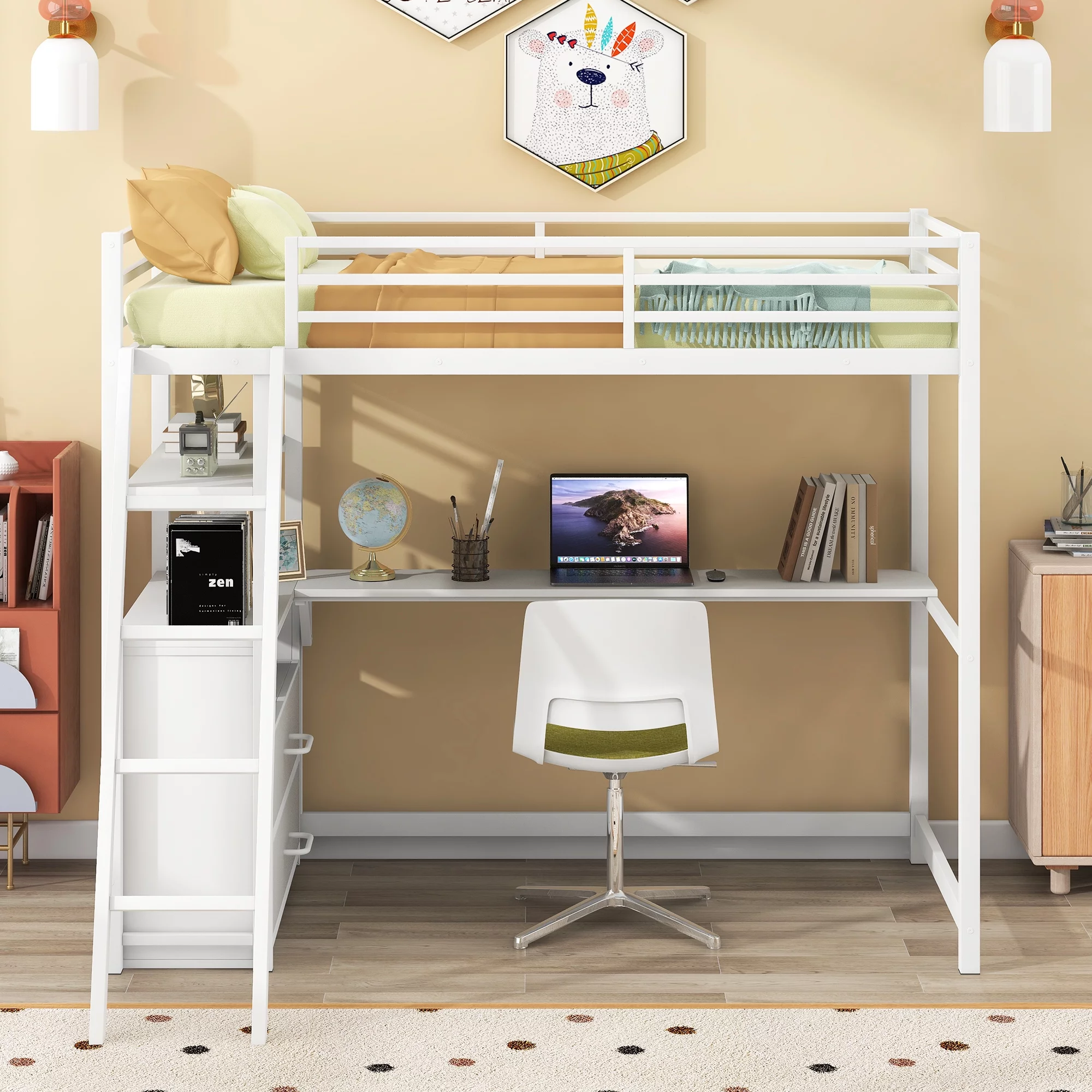 Nestfair White Twin Size Metal Loft Bed with Desk, Shelves and 2 Drawers