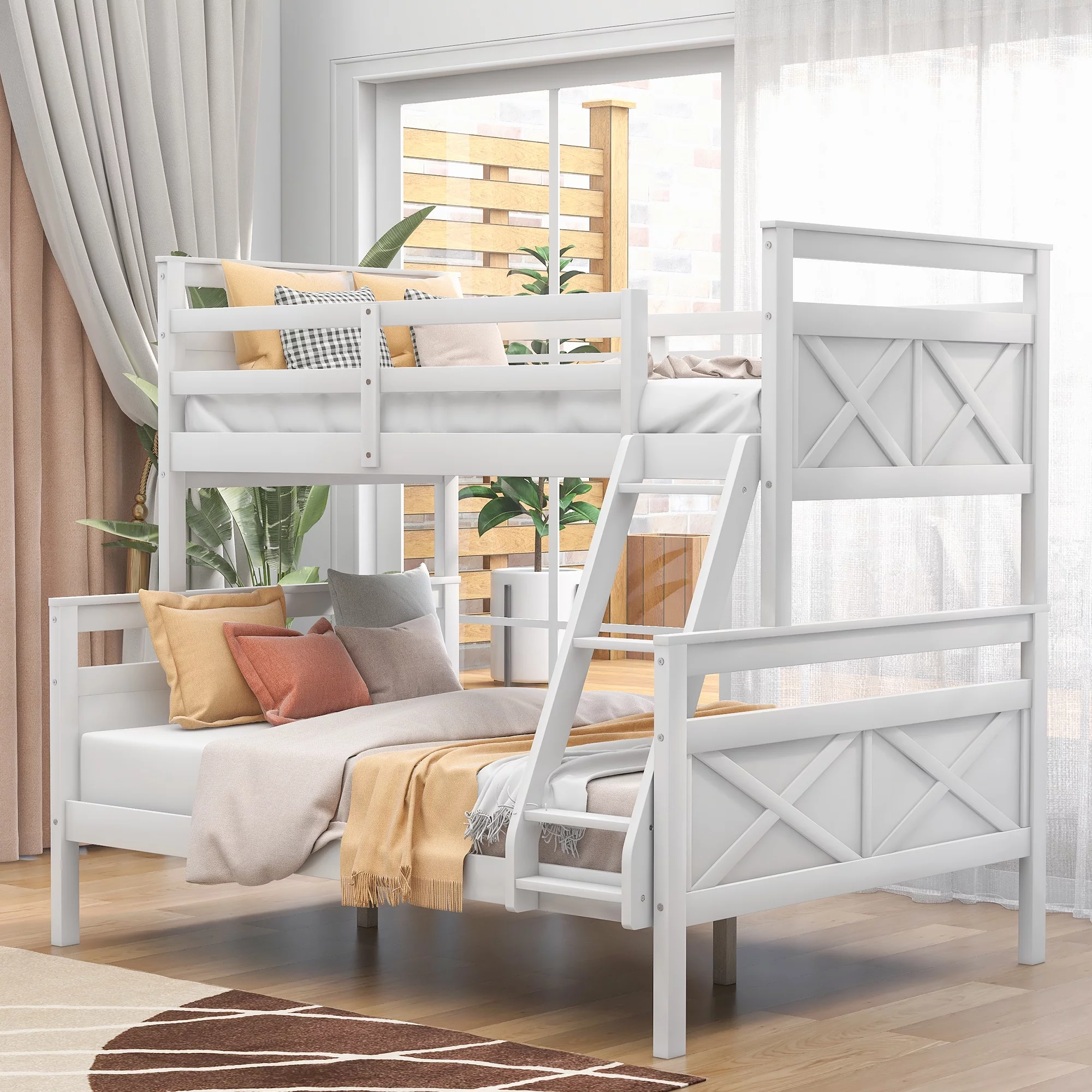 Twin over Full Bunk Bed: Ladder, Safety Guardrail, Ideal for Bedroom, White