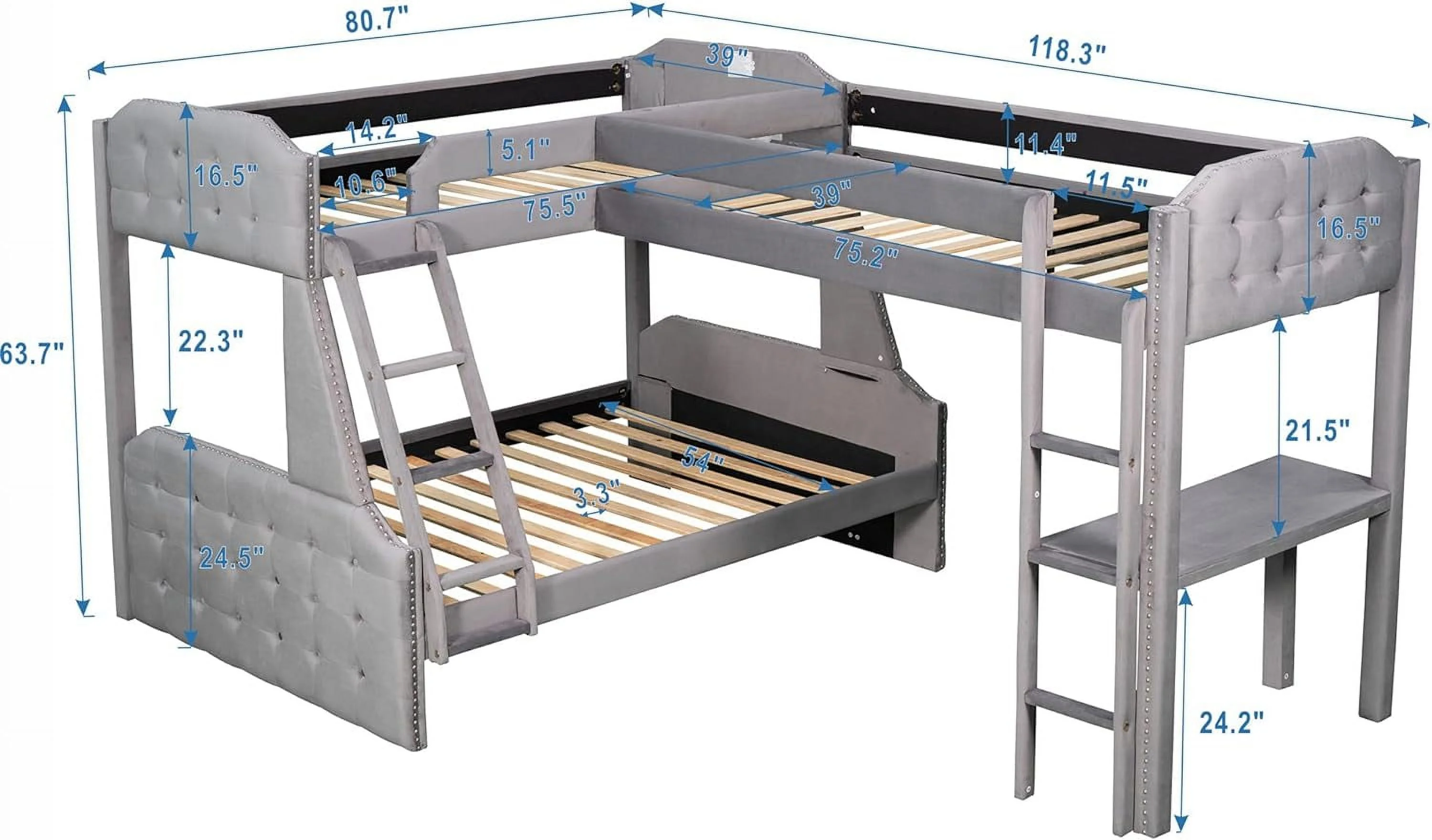 L Shaped Triple Buk Bed With Desk, Upholstered Corer Buk Beds For 3, Wood Over Full Buk Bed & Size Loft Bed Frame For Kids, Tees, o Box Sprig eeded (Velvet, Grey)