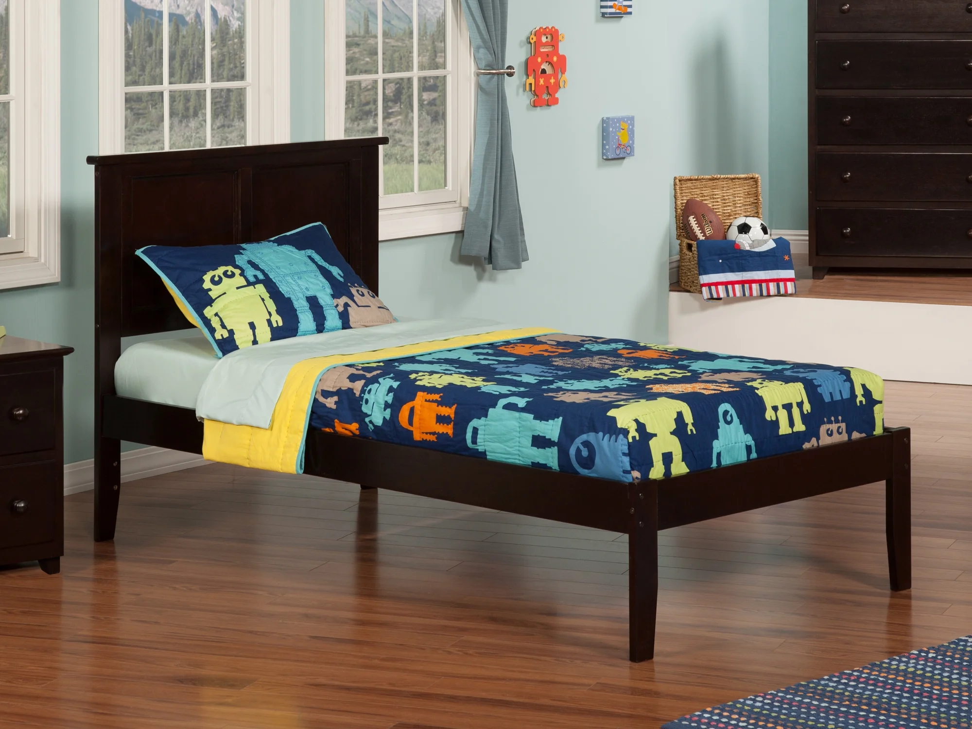 AFI Madison Twin Solid Wood Platform Bed with Panel Headboard in Espresso