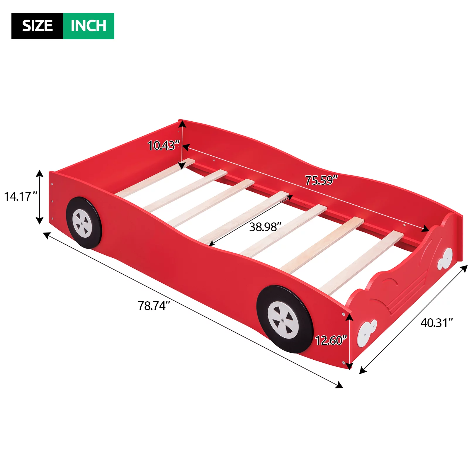HSUNNS Twin Size Kids Race Car-Shaped Platform Bed with Wheels, Wooden Funny Twin Kids Bed Frame with Safety Rails for Girls Boys Toddlers, No Box Spring Needed, Red