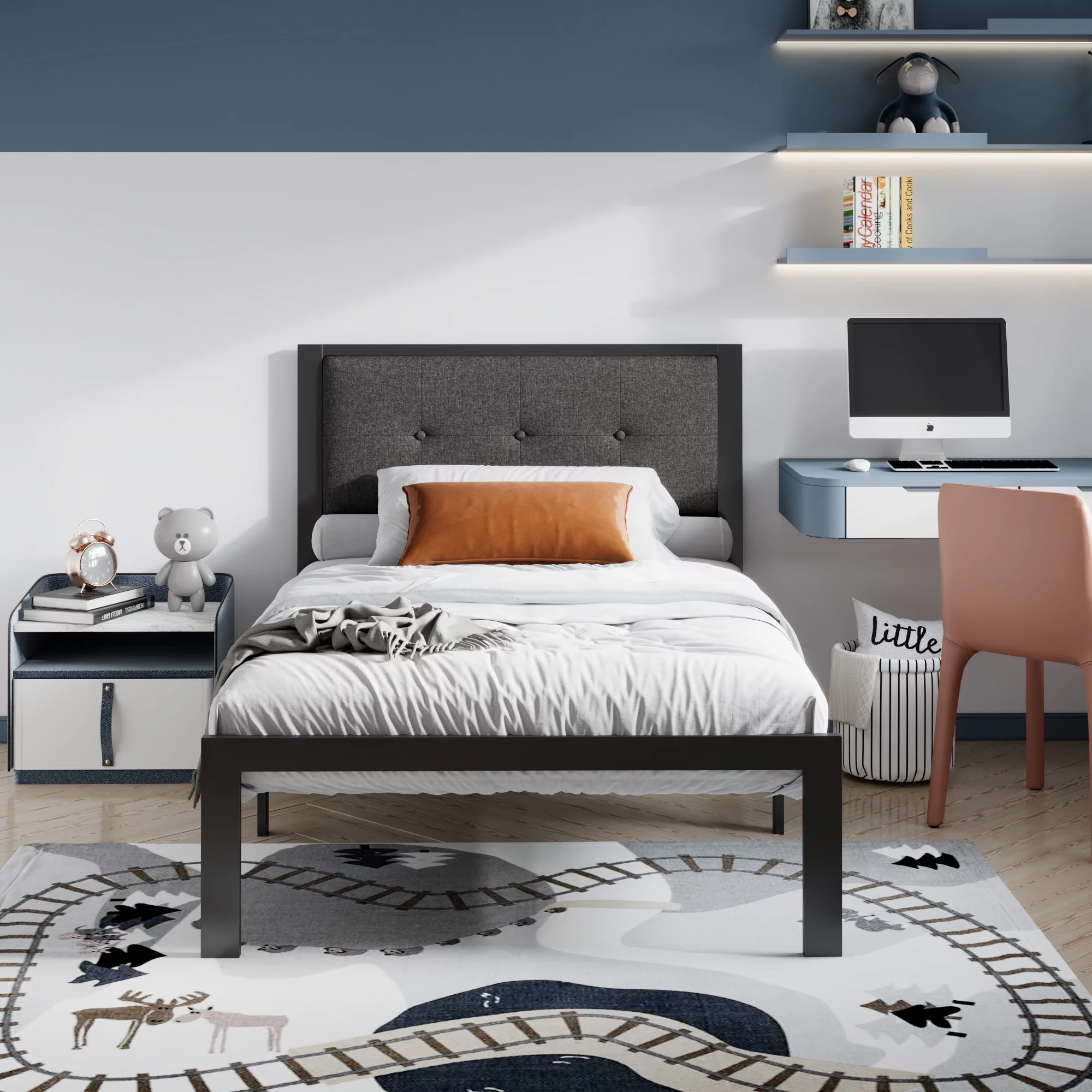 Einfach Twin Platform Bed with Fabric Button Tufted Square Stitched Headboard, Grey
