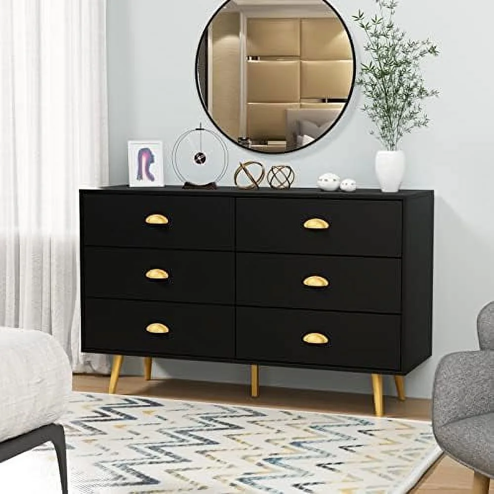 6 Drawer Dresser with Metal Handle for Bedroom Mid-Century Walnut Wood Dresser Chest of Drawers for Living Room Hallway