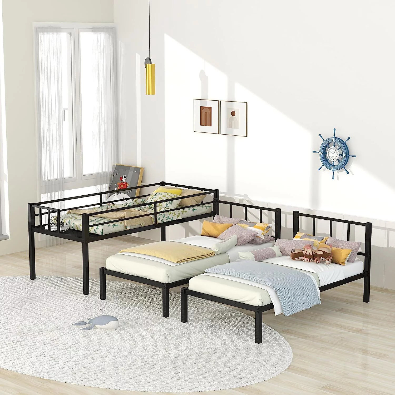 CASEMIOL Triple Bunk Beds, Twin Bunk Bed for Kids with Ladder, Headboard, Guardrail, Storage Shelves, Storage Space, Convertible to 3 Beds, Suit for Boys Girls Teens Adults, Metal, Twin Size, Black