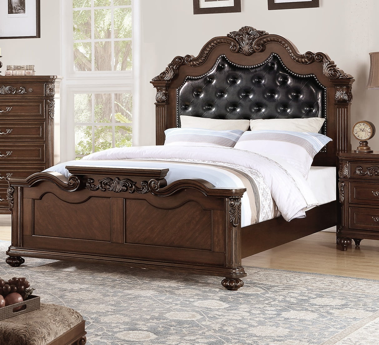 Dark Brown California King Size Bed Faux Leather Tufted Headboard Floral Design Bedframe Bedroom 1pcs bed