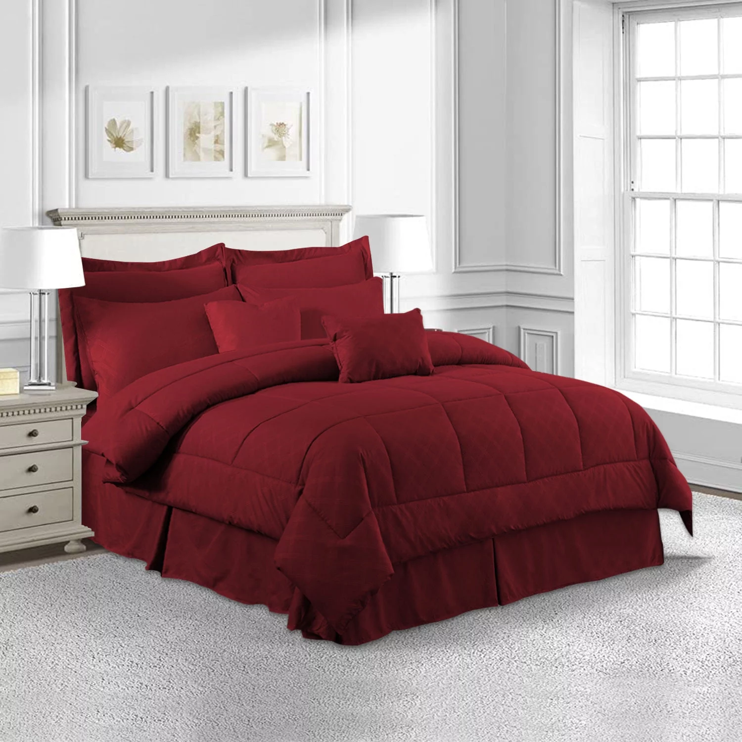 MerryHome 10-Piece Burgundy Comforter Set, Luruxy Soft Bed in a Bag Queen Size