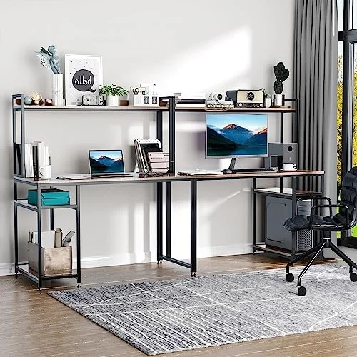 KHBIULIFE 94.5in Industrial Double Computer Desk with Hutch and  Shelves  Extra Long Two Person Home Office Desk  Writing Table Workstation for 2 People with CPU Stand  Oak Wood Grain