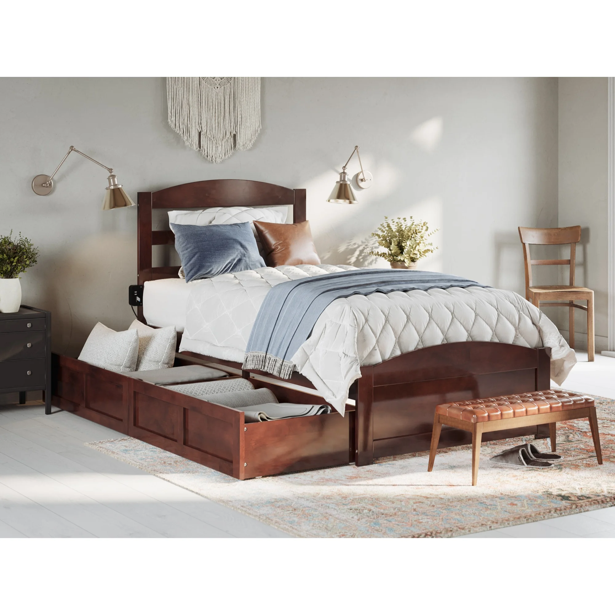 AFI Warren Solid Wood Twin Bed w/ Footboard & Drawers in Walnut