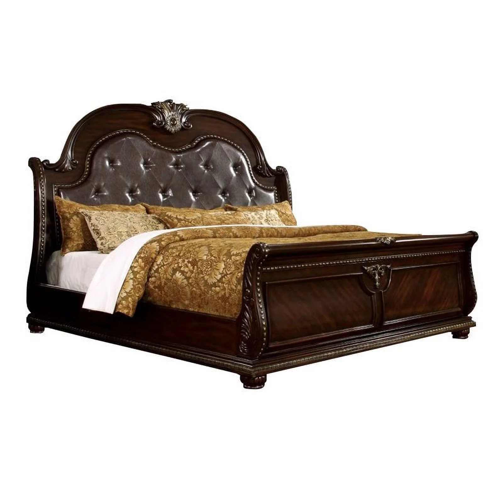 Bowery Hill Traditional Wood Panel King Bed with Faux Leather in Cherry
