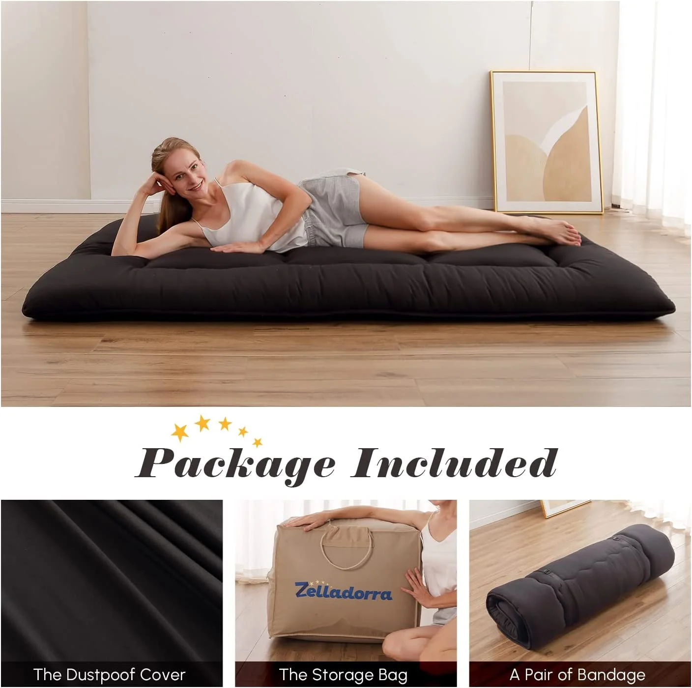 QCAI Japanese Floor Mattress, Futon Mattress with Portable Storage Bag, Roll Up Mattress Thick Tatami Mattress Suitable for Camping, Guest Room, Black, Queen