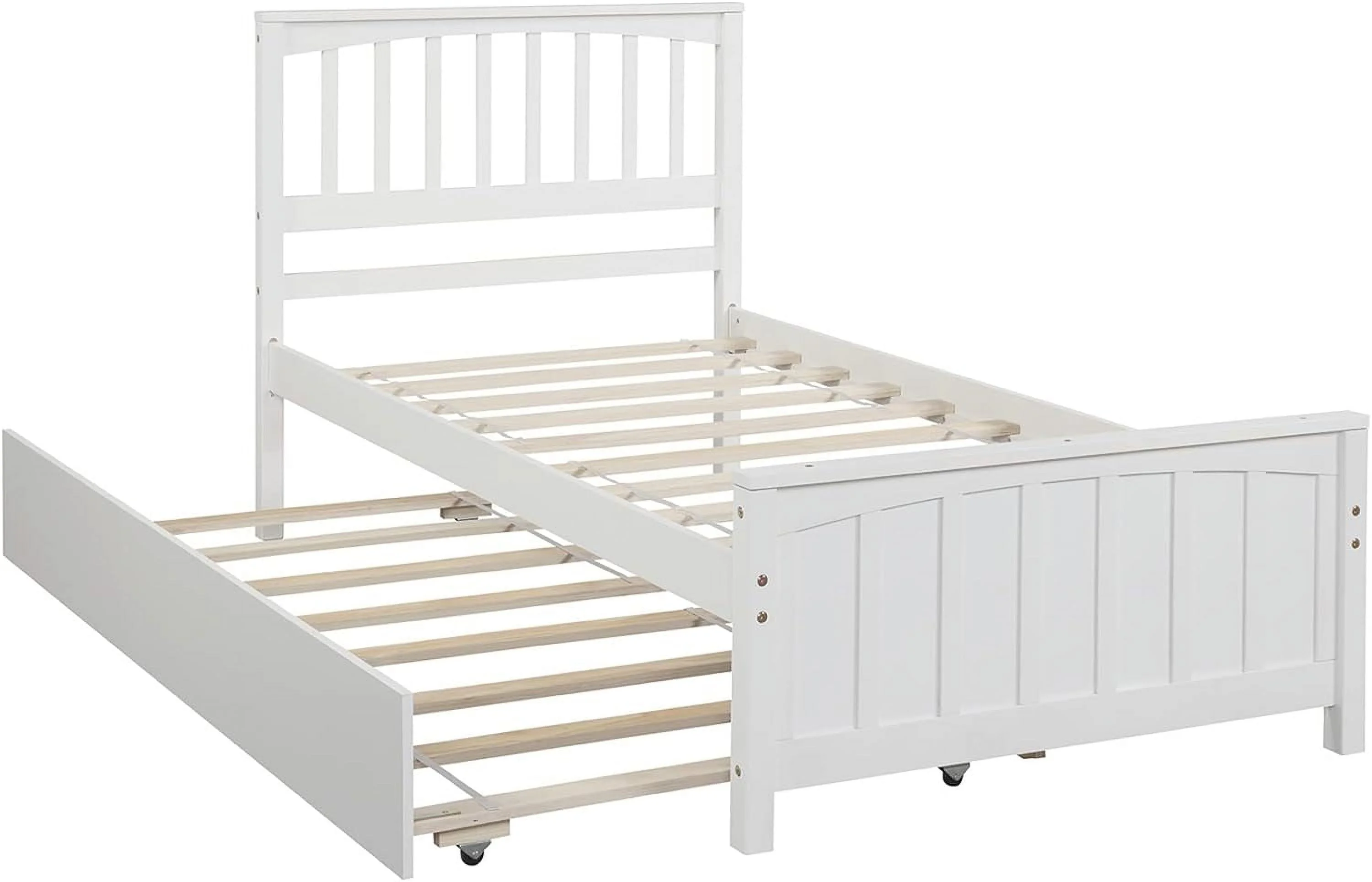 Bed With Trundle Wooden Platform Bed Frame With Headboard Solid Wood Captain Beds For Boys Girls Kids Teens, No Box Spring Needed, White