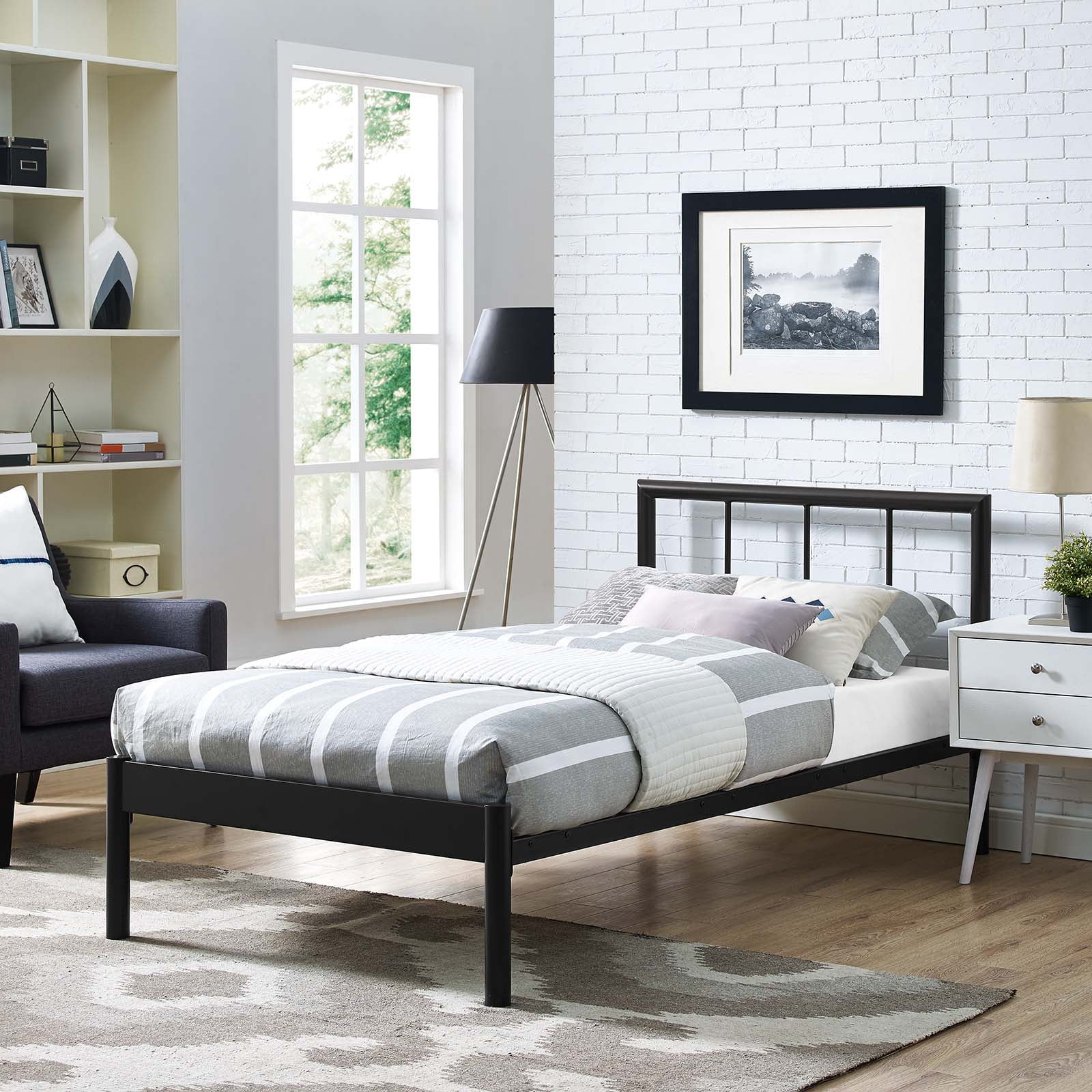 Industrial Country Cottage Farm Beach House Bedroom Twin Size Platform Bed Frame, Metal Steel, Brown