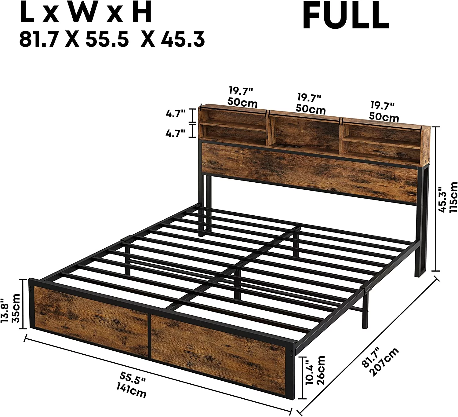 LIKIMIO Full Bed Frame with Tall Bookcase Headboard and Charging Station, NO Box Spring Need