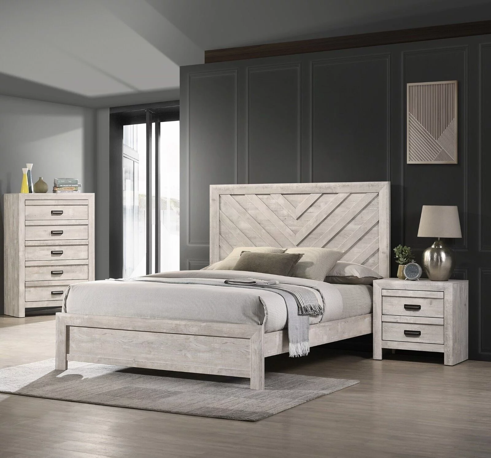 3pc Rustic Beige Gray Finish Bedroom Furniture King Size Bed Nightstand Chest Set