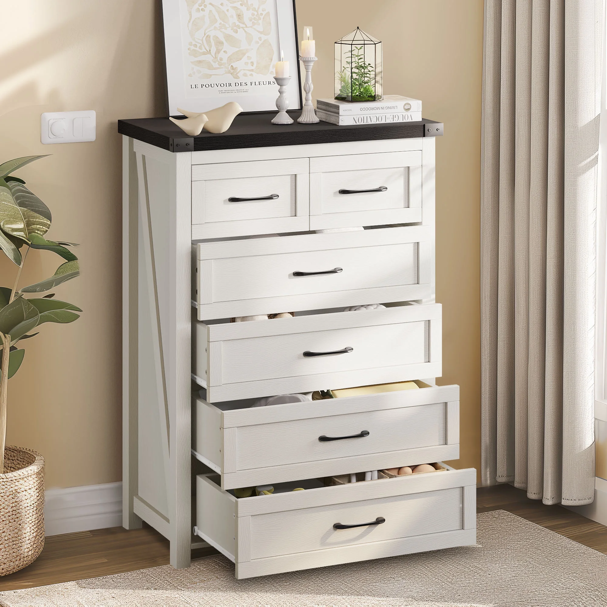 DWVO 6 Drawer Vertical Dresser, Wood Chest of Drawers Storage Cabinet, 6 Drawer Dresser storage organizer for Bedroom, Living Room, Hallway, Nursery, White