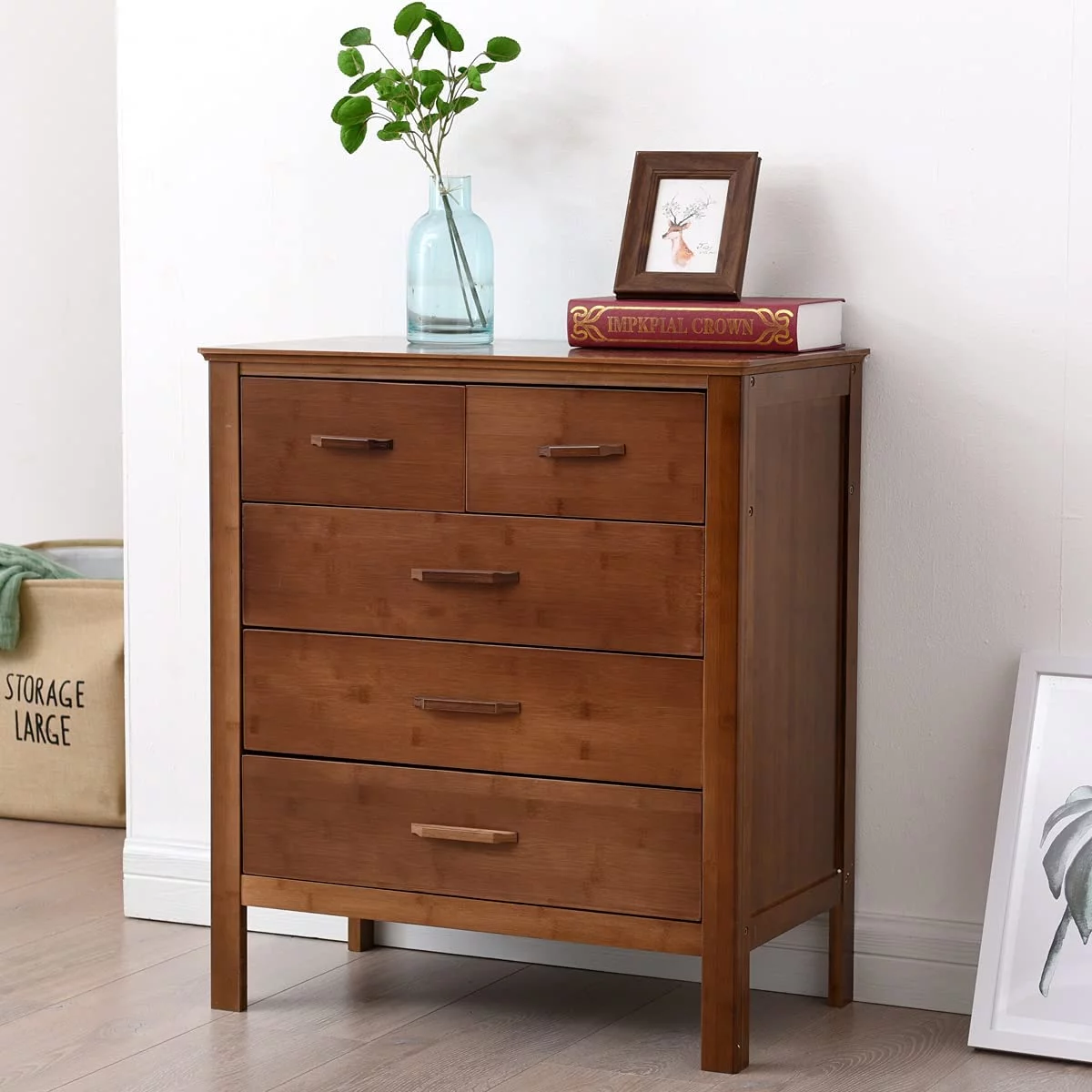 Maydear Tall Dresser for Bedroom with 4 Drawers, Modern Chest of Drawers Bamboo Storage Organizer Dresser, Ideal for Bedroom, Living Room, Entryway, Hallway