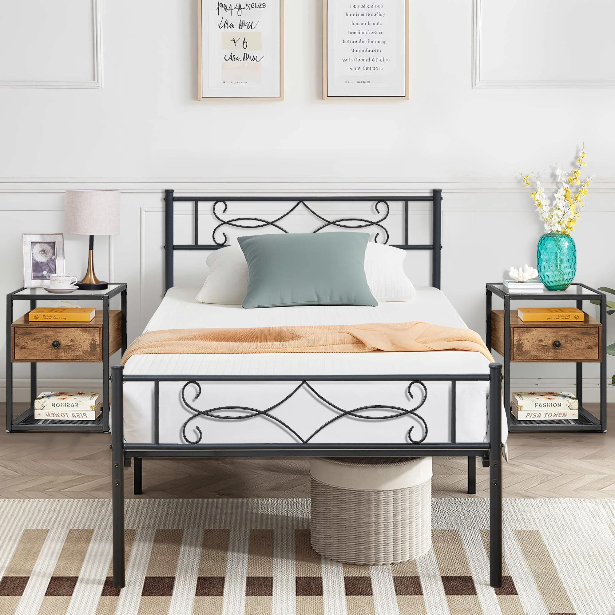 VECELO 3-piece Bedroom Set, Twin Bed Frame with Headboard, Nightstand Set of 2 with 1-Drawer, Open Storage Shelf, Brown
