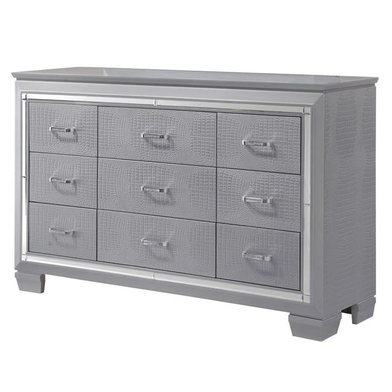 Benjara BM215129 9 Drawers Textured Wooden Frame Dresser with Beveled Mirror Inserts, Gray