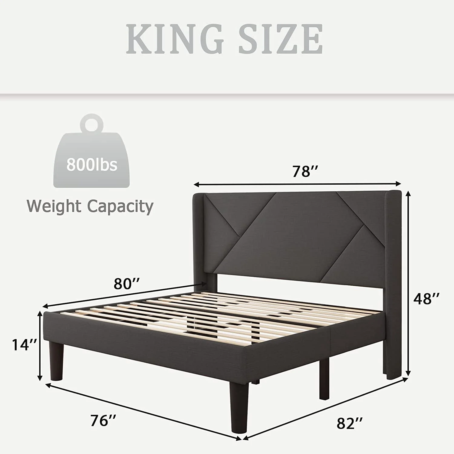 Size Platform Bed Frame with Wingback  Geometric Upholstered Bed Frame with Headboard  Wood Slats Support  No Box Spring Required  Beige