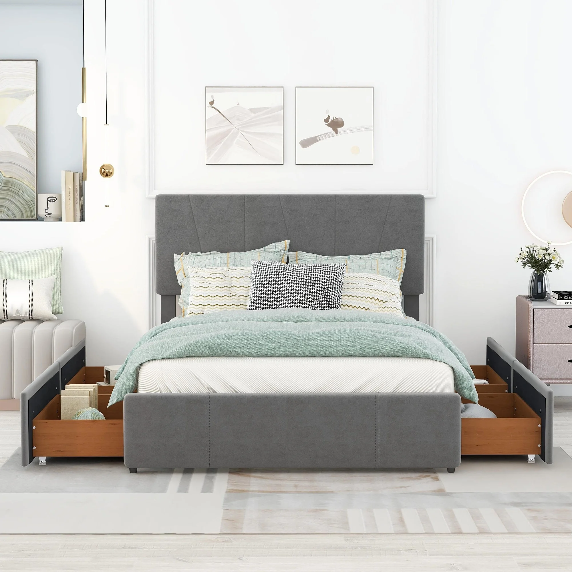 Full Size Upholstery Platform Bed with 4 Drawers on 2 Sides, Space Saving Wood Bedframe w/Adjustable Headboard for Bedroom, Grey