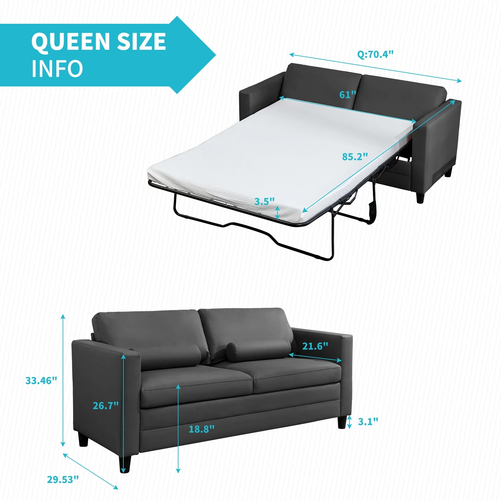 CECER Pull Out Sofa Bed, Convertible Sleeper Sofa, 2-in-1 Queen Size Couch Bed with Fold Out Mattress, Leather Loveseat Daybed Futon Sofa Bed for Living Room Guestroom Office Apartment - Dark Grey