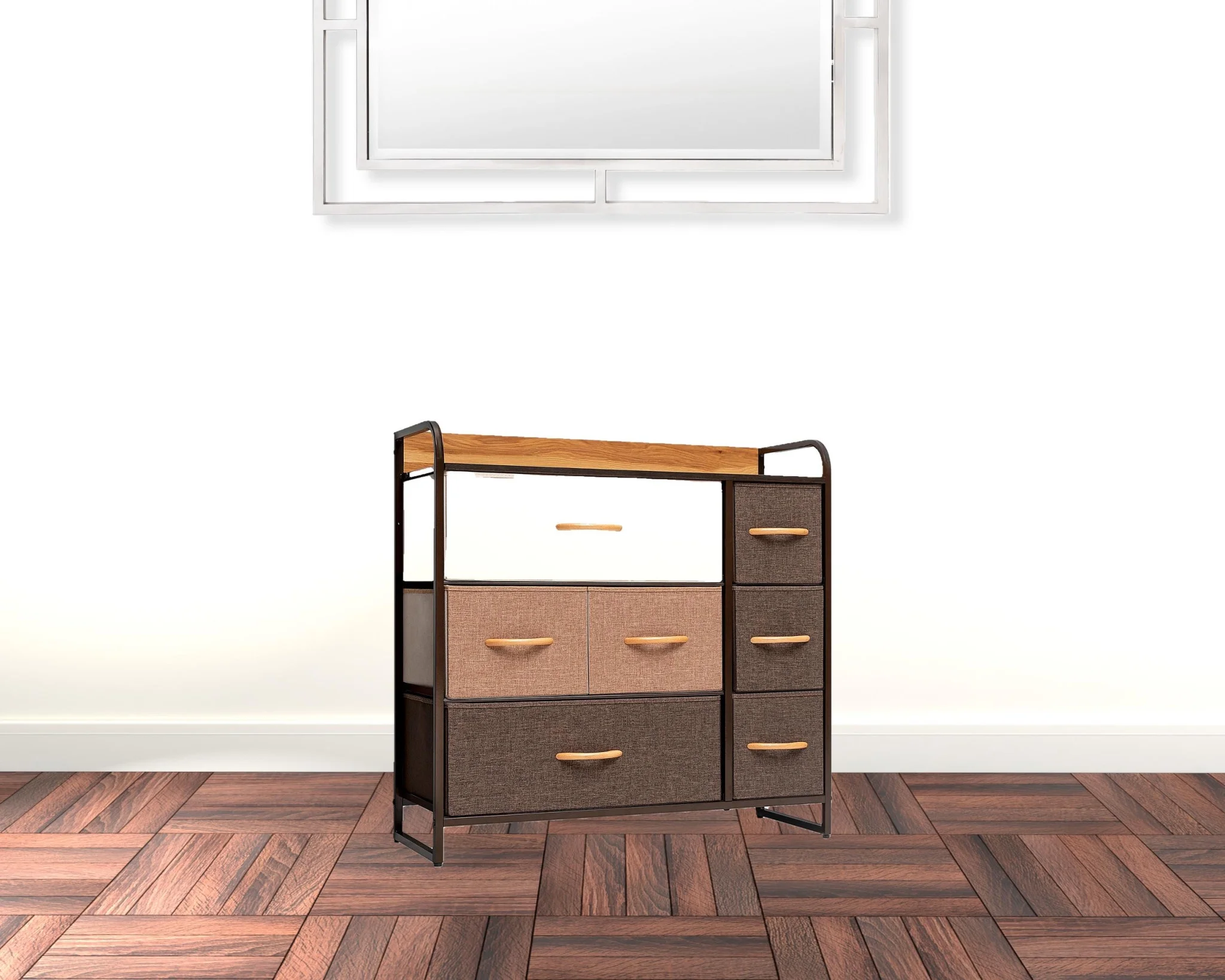 HomeRoots 484686 32 in. Steel, Fabric Seven Drawer Dresser, Brown