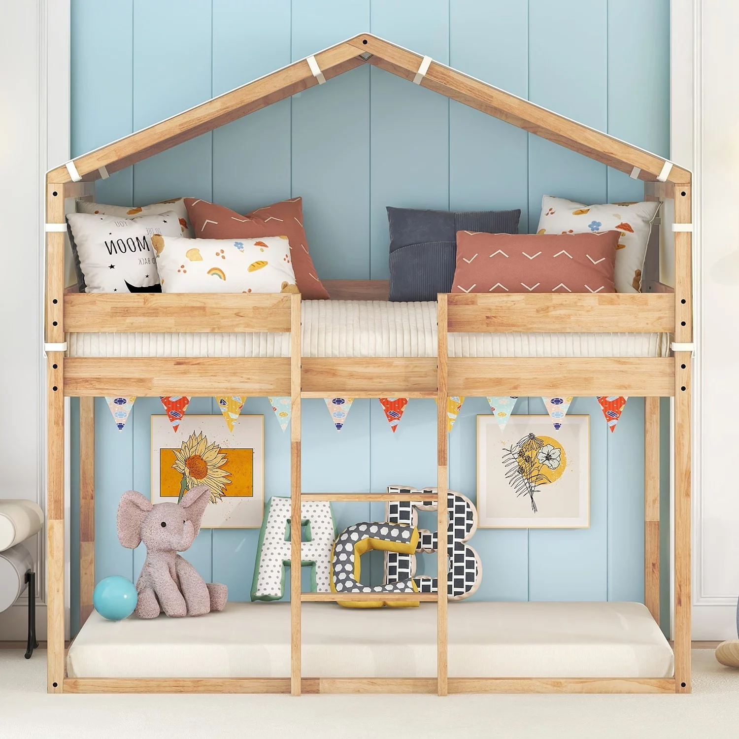 Churanty Twin Over Twin House Bunk Bed with Tent and Spacious Under Bed Space, Wood Bunk Bed Perfect for Boys Girls,Natural