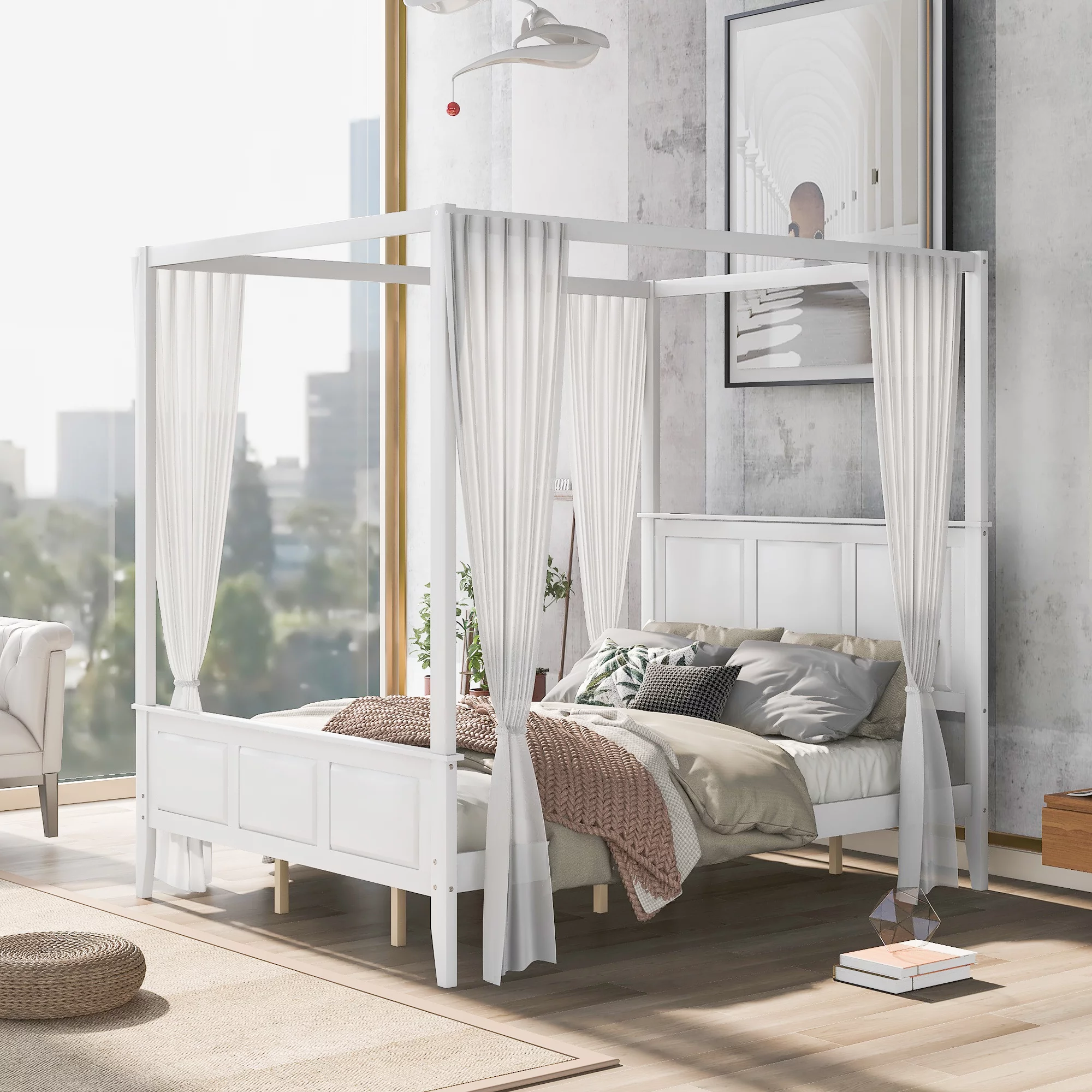 Queen Size Canopy Bed with Support Leg, Headboard and Footboard, Platform Bed Frame with 10 Wood Slats Support, No Box Spring Needed, Easy Assembly