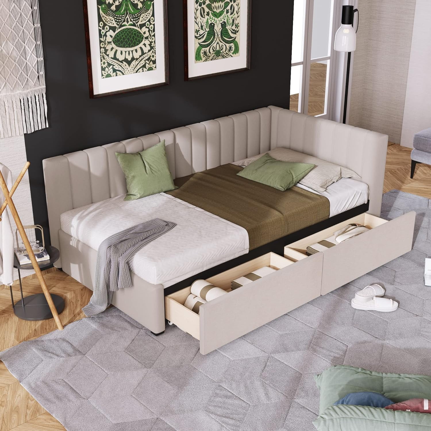 Upholsered Daybed Wih 2 Sorage Drawers, Size Daybed Wih Wood Slas, Lie Fabric Sofa Bed Frame For Livig Room Bedroom (, Beige)