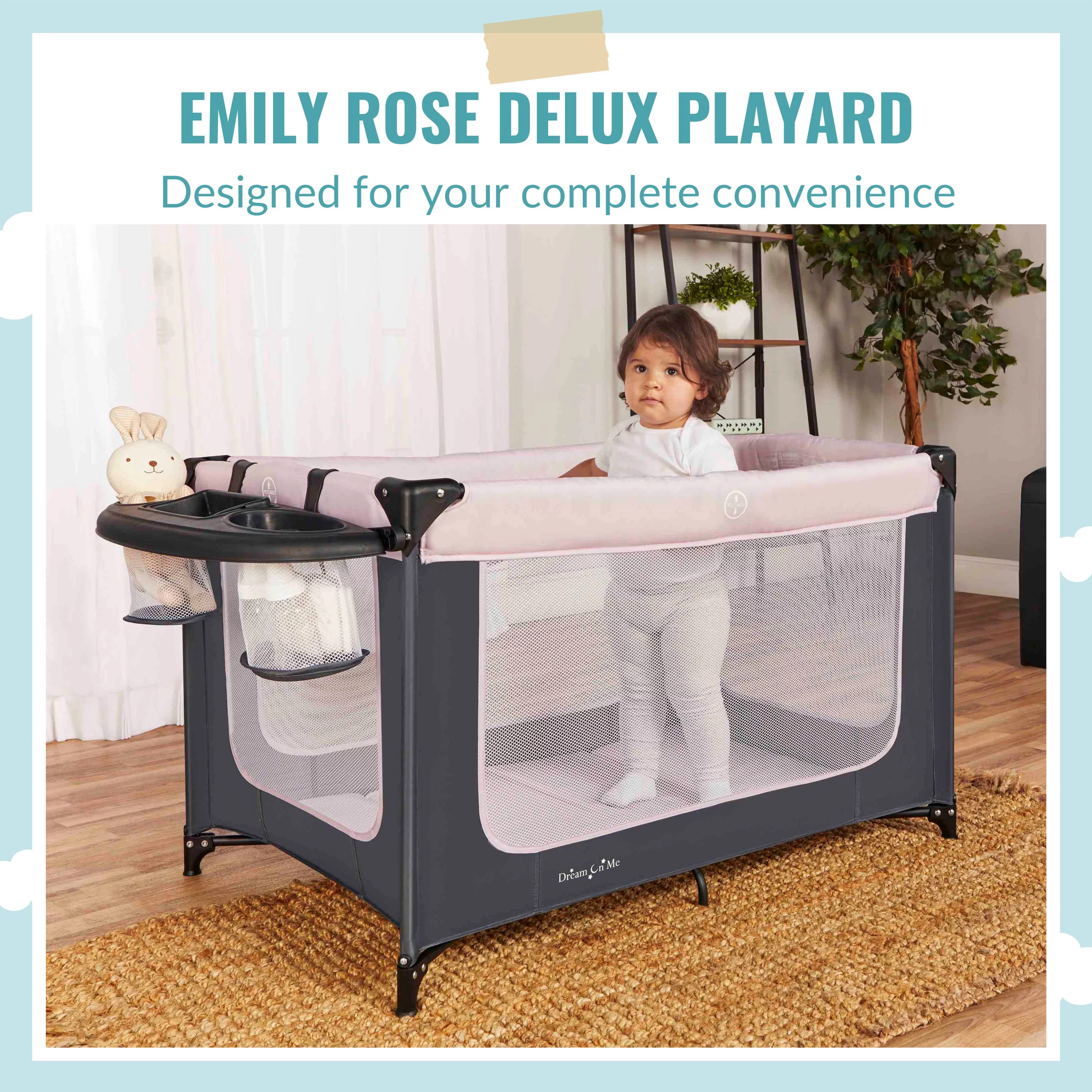 Dream On Me Emily Rose Deluxe Playard with Changing Tray and Infant Bassinet | with Canopy | Waterproof Fabric | with Changing Station | JPMA Certified | Lightweight In In Pink