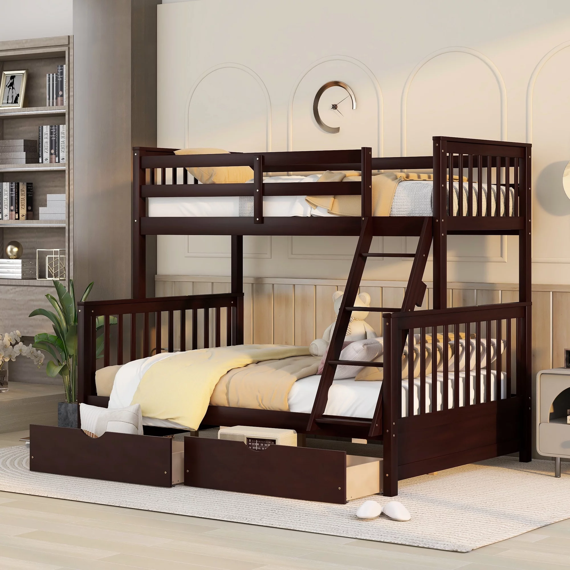 Twin Over Full Bunk Bed with Storage Drawer, Solid Wood Bunk Bed Frame with Ladders & Safety Guardrail, Bedroom Furniture for Kids, Teens, Adults, Espresso