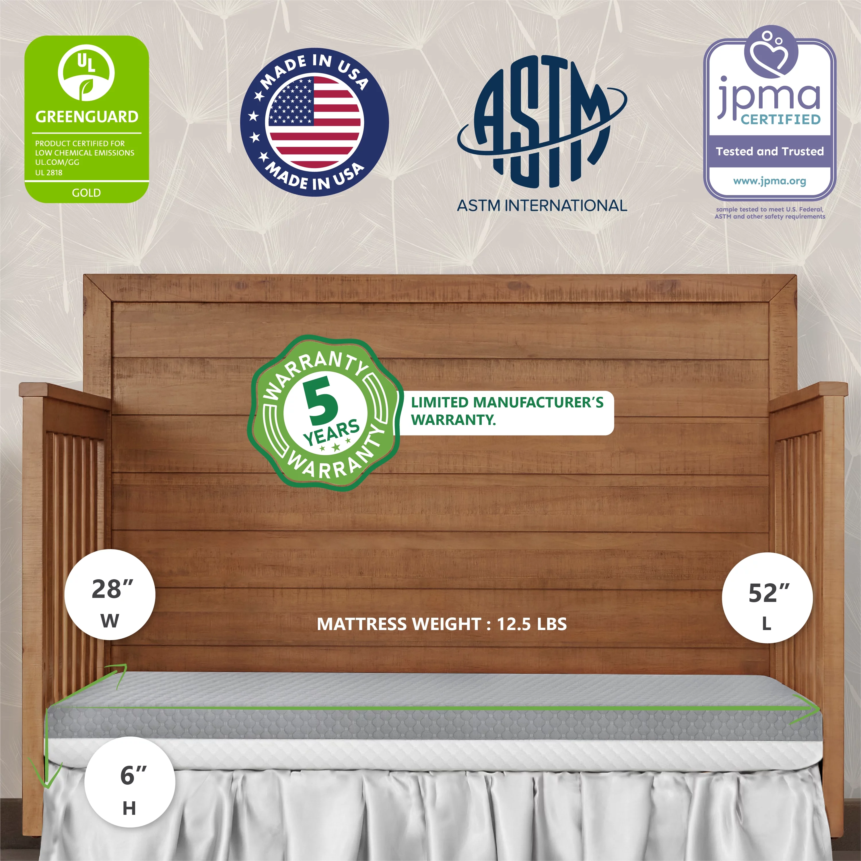 Dream on Me Pure Zen 2 in 1 Crib & Toddler Mattress, White and Grey, Greenguard Gold Certified