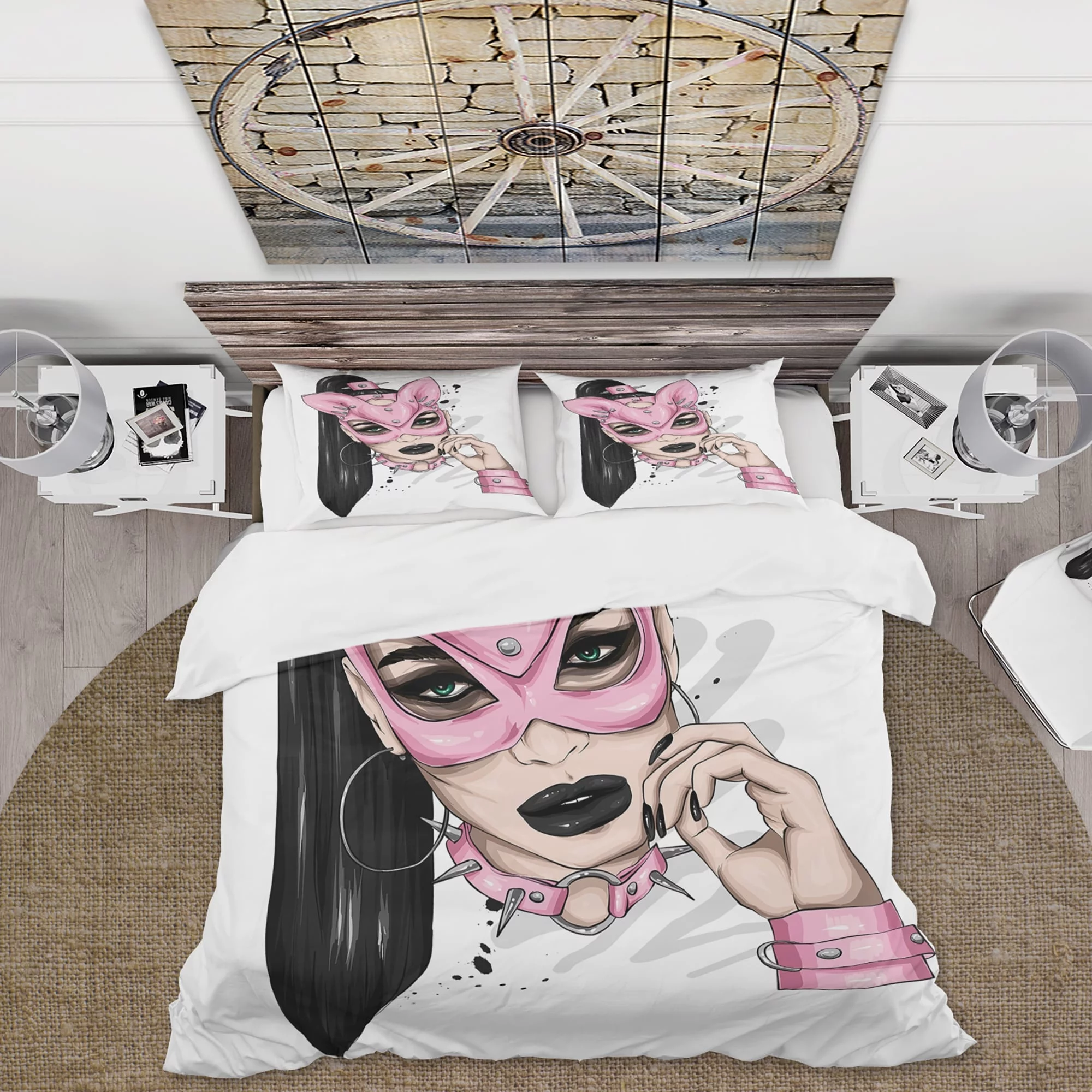DESIGN ART Designart 'Woman With Pink Bunny Mask I' Shabby Chic Duvet Cover Set Pink, White King Cover + 2 King Shams 3 Piece