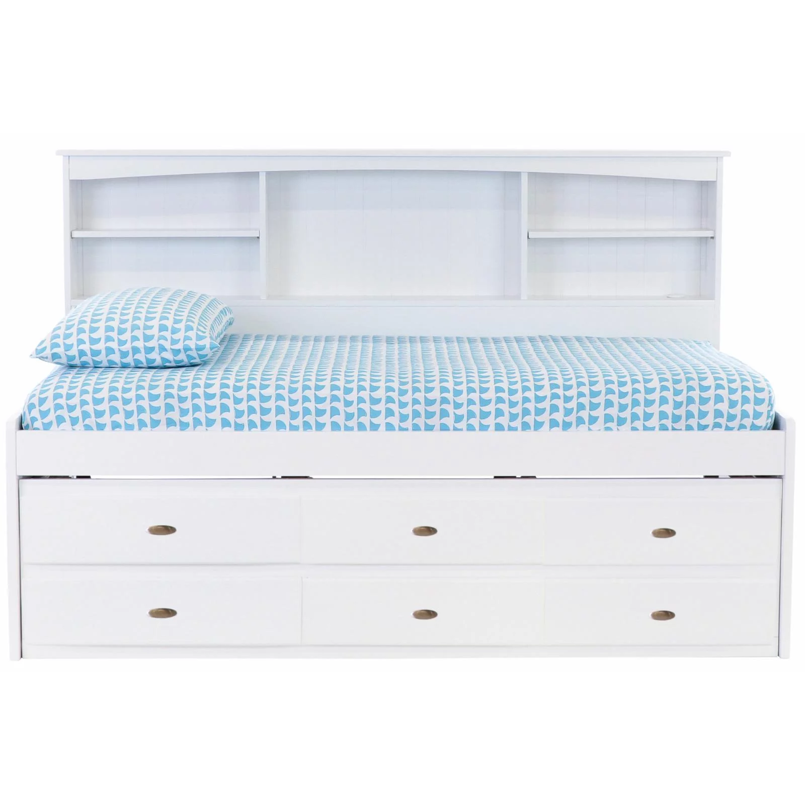 OS Home and Office Furniture Solid Pine Twin Bookcase Daybed with Six Drawers in Casual White