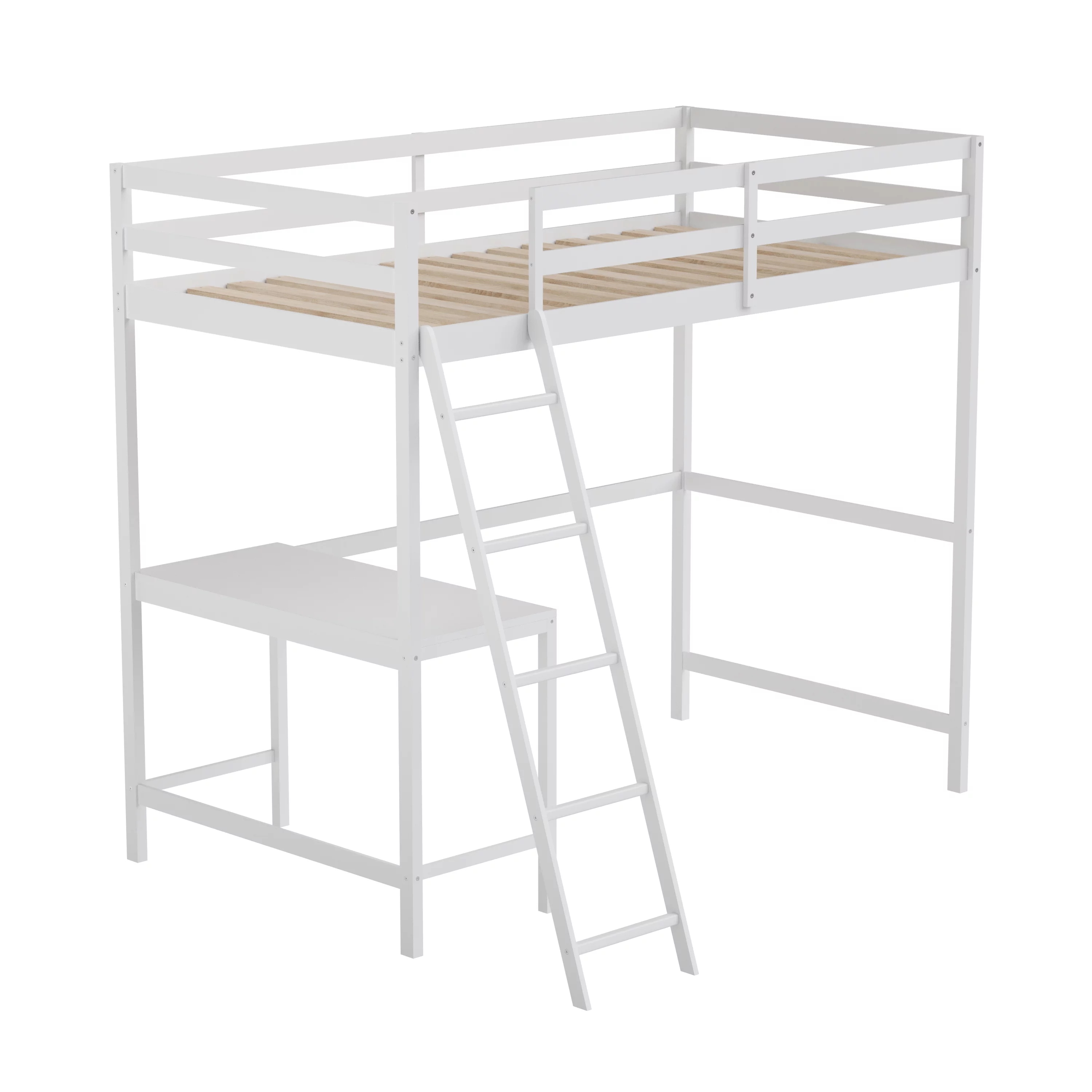 Flash Furniture Riley Loft Bed Frame with Desk, Twin Size Wooden Bed Frame with Protective Guard Rails & Ladder for Kids and Teens - White