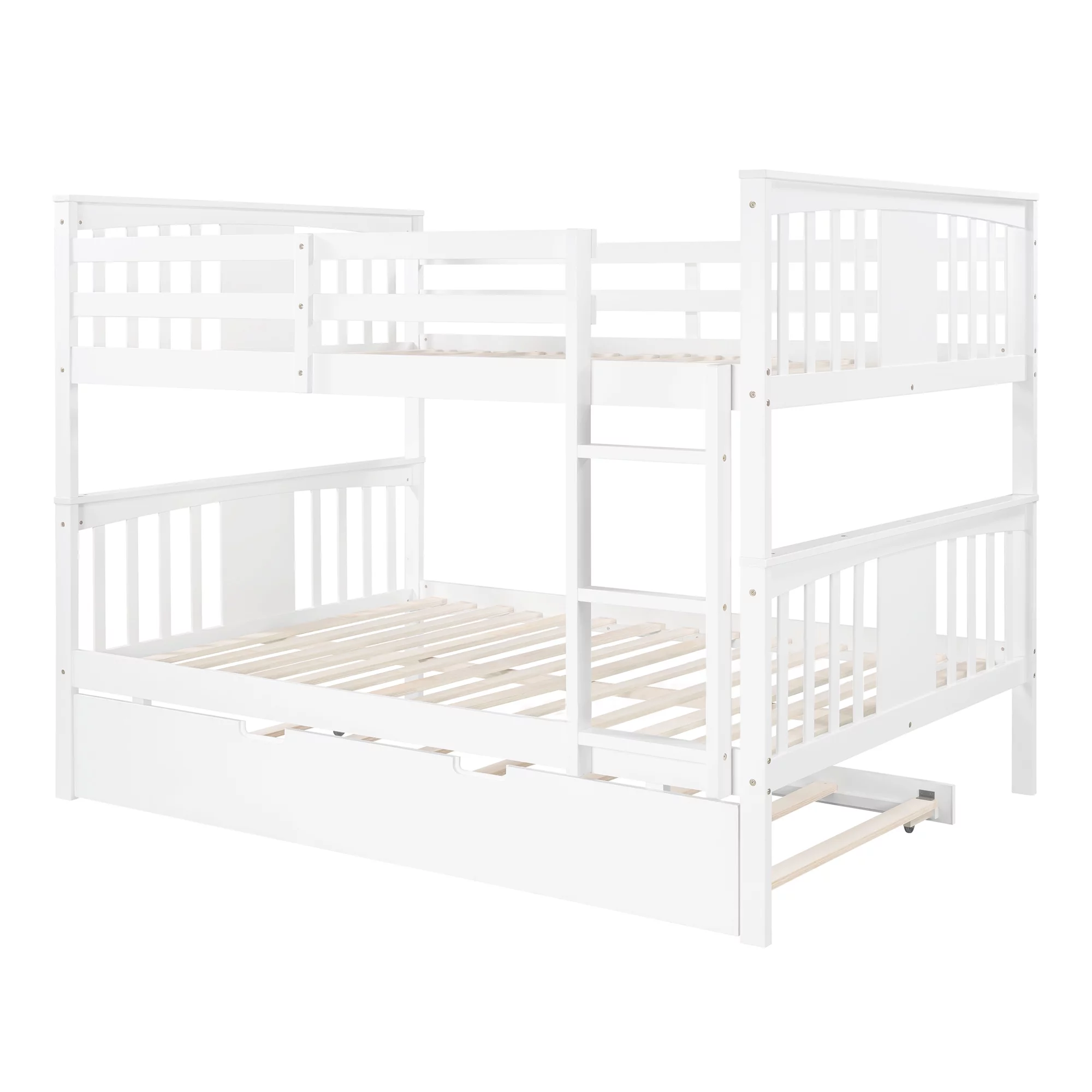 KAMIDA Full Over Full Bunk Bed with Trundle, Solid Wood Bunk Bed for Kids, Twin Size Trundle Bed Frame with Safety Rail and Ladder, White