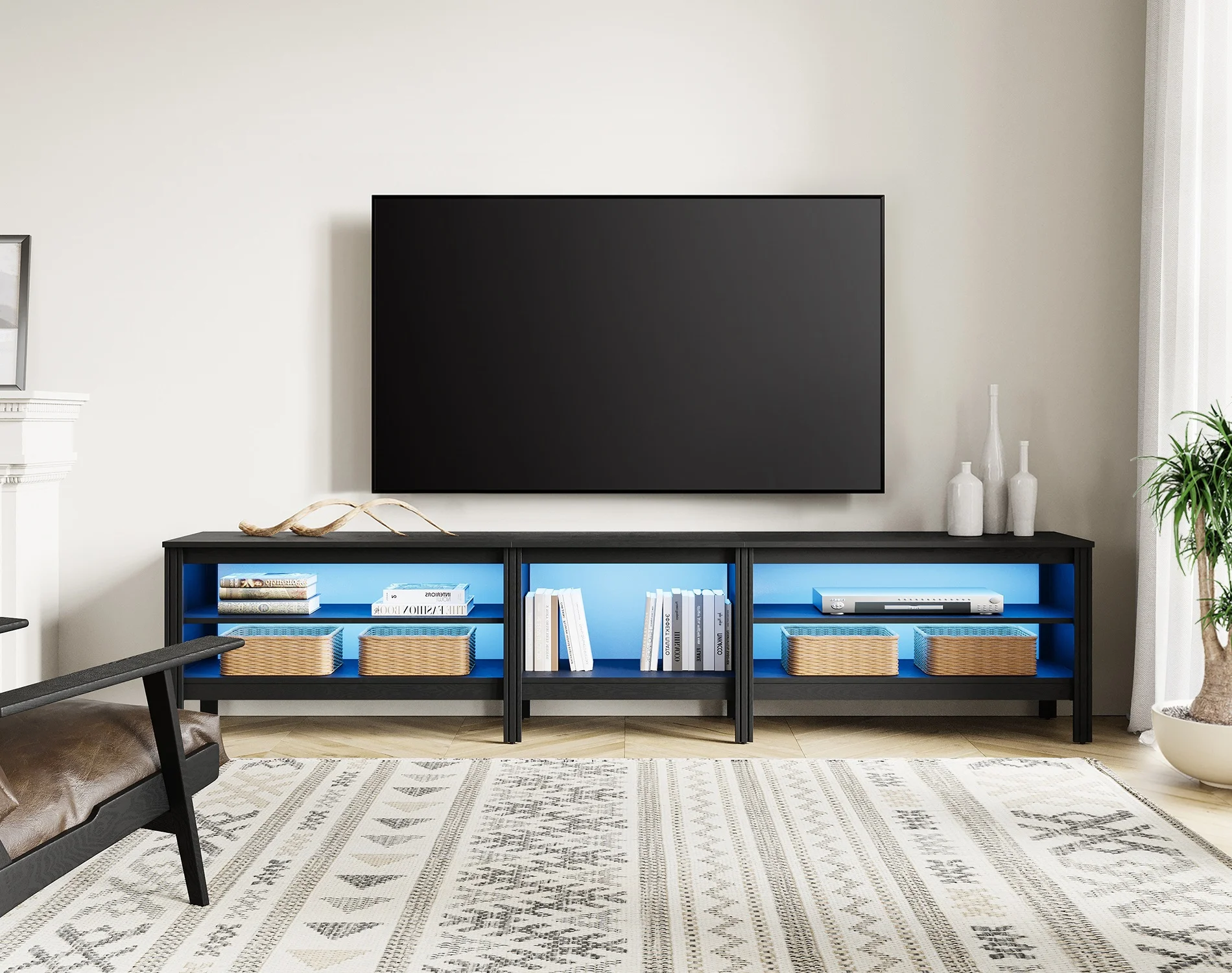 TV Stand for 90 inch TV, Wood Media TV Console Brown Entertainment Center for 85 100 inch TV with 6 Open Shelves for Living Room, 80''