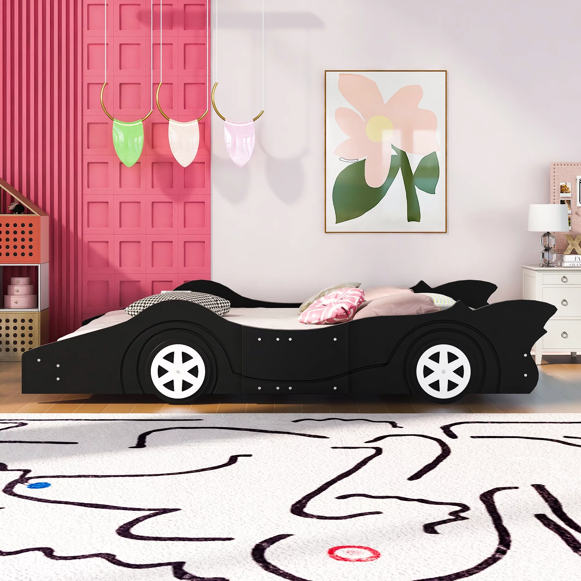 CoSoTower Full Size Race Car-Shaped Platform Bed with Wheels, Black
